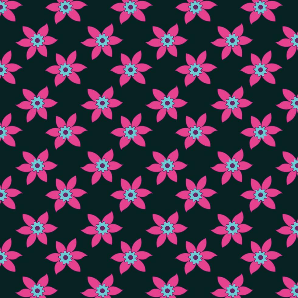 A vibrant seamless repeated floral pattern featuring blue and pink flowers on a dark background vector