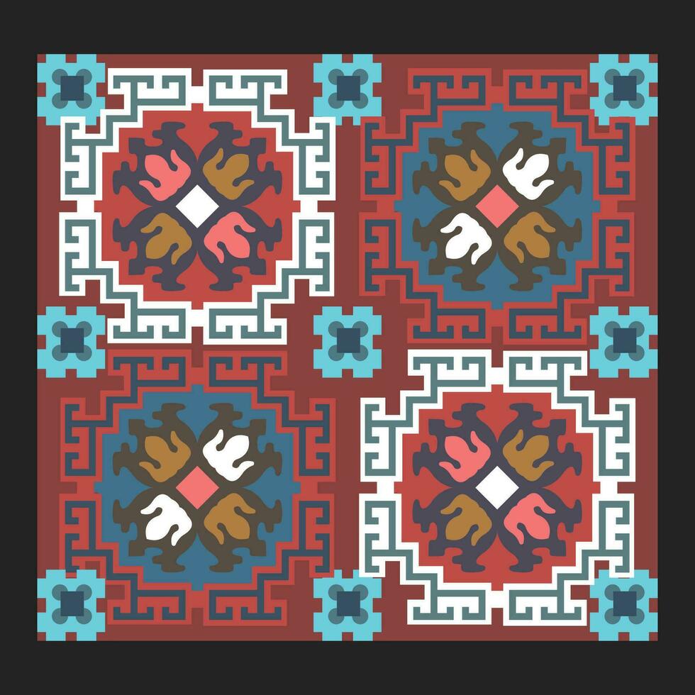 A red, blue, and brown square with a design of ludo on it vector