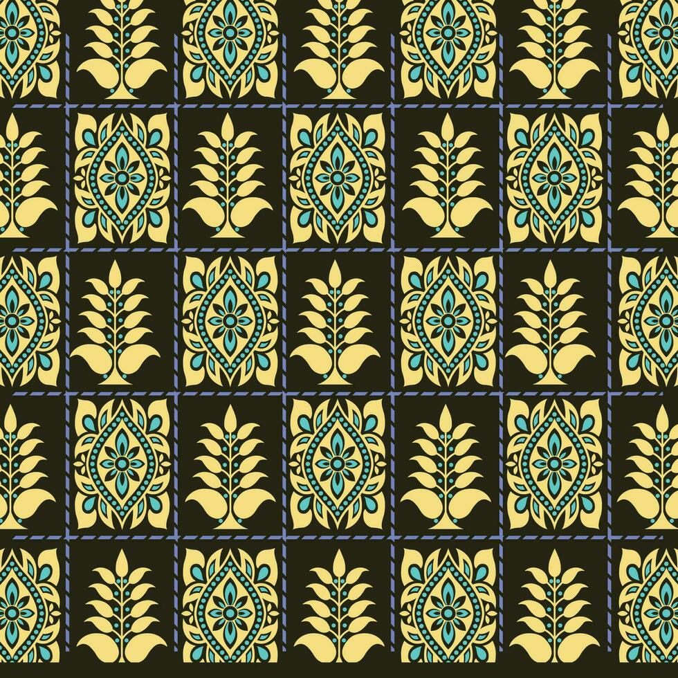 A vibrant green and yellow pattern against a striking dark backdrop, repeated seamless pattern vector