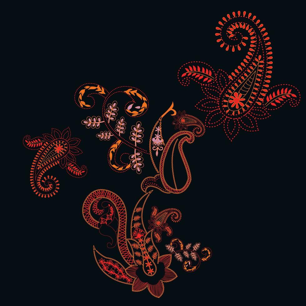 Red and orange intract abstract and paisley designs on a black background vector