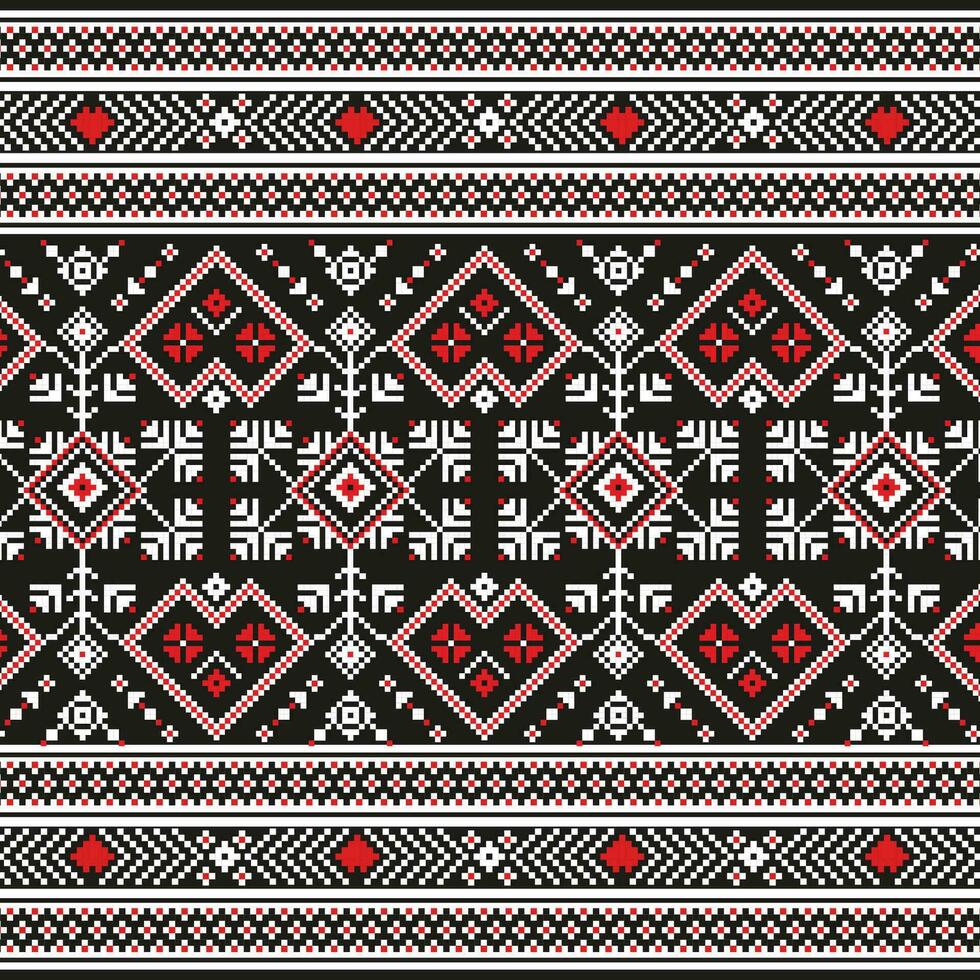 A black and red knitted pattern with hearts, repeated seamless border vector