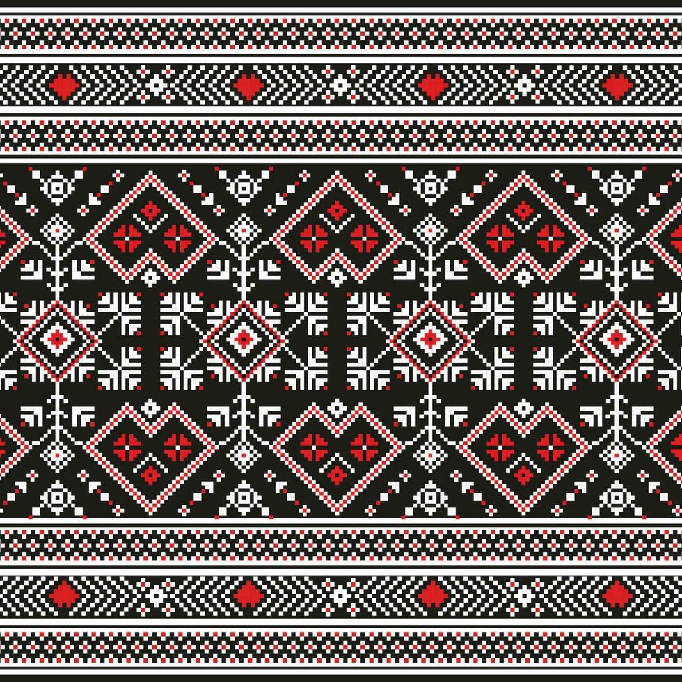 A black and red knitted pattern with hearts, repeated seamless border vector