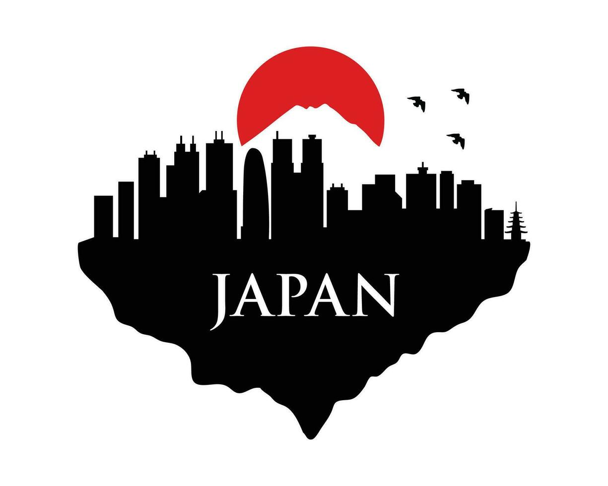 Silhouette of a Japanese city with mountains and the sun vector