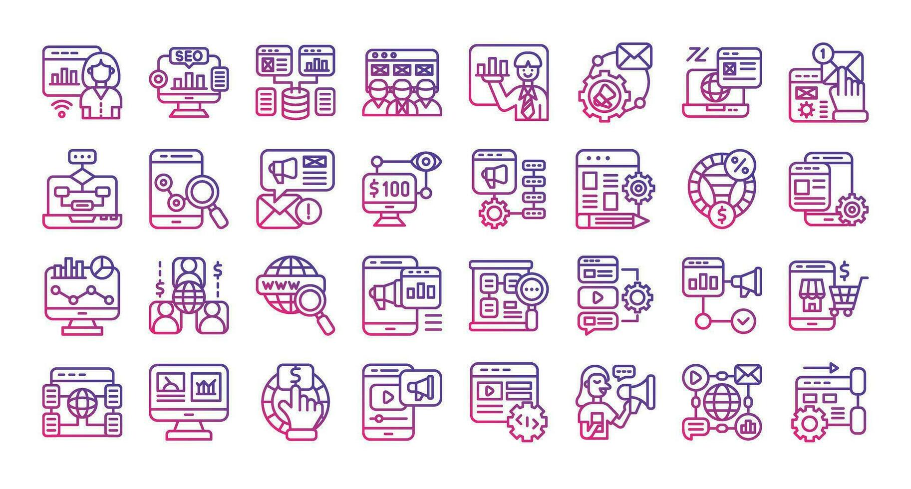 Online marketing gradient outline icons set. The collection includes business and development, programming, web design, app design, and more vector
