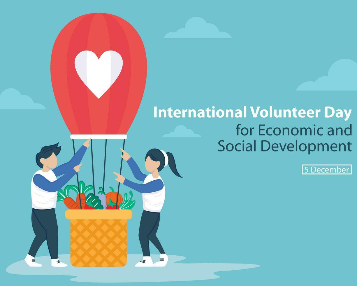 illustration vector graphic of a pair of volunteers prepare to fly a hot air balloon filled with basic food items, perfect for international day, volunteer day, economic and social, development.