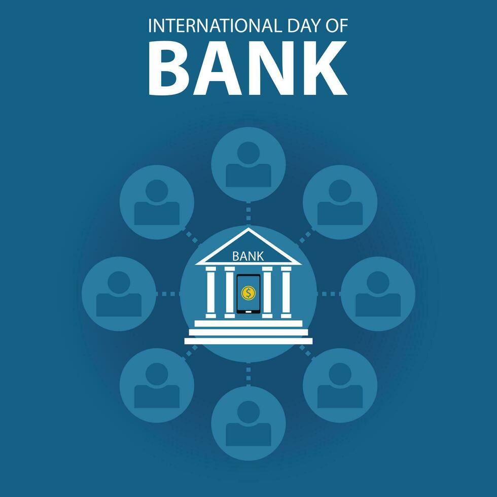 illustration vector graphic of bank building surrounded by people icons, perfect for international day, international day of banks, celebrate, greeting card, etc.