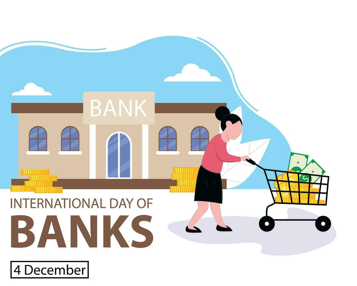 illustration vector graphic of a woman pushing a trolley filled with money, showing a bank in the background, perfect for international day, international day of banks, celebrate, greeting card, etc.