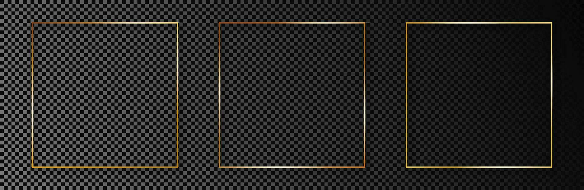 Set of three gold glowing square frames isolated on dark background. Shiny frame with glowing effects. Vector illustration.