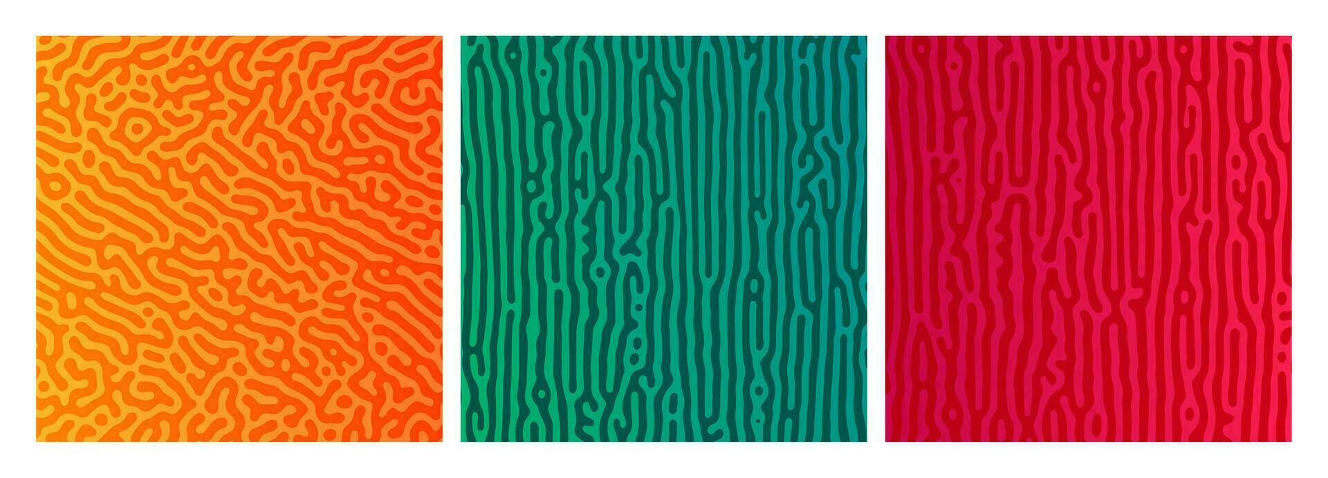 Set of three colorful turing reaction gradient backgrounds. Abstract diffusion pattern with chaotic shapes. Vector illustration.