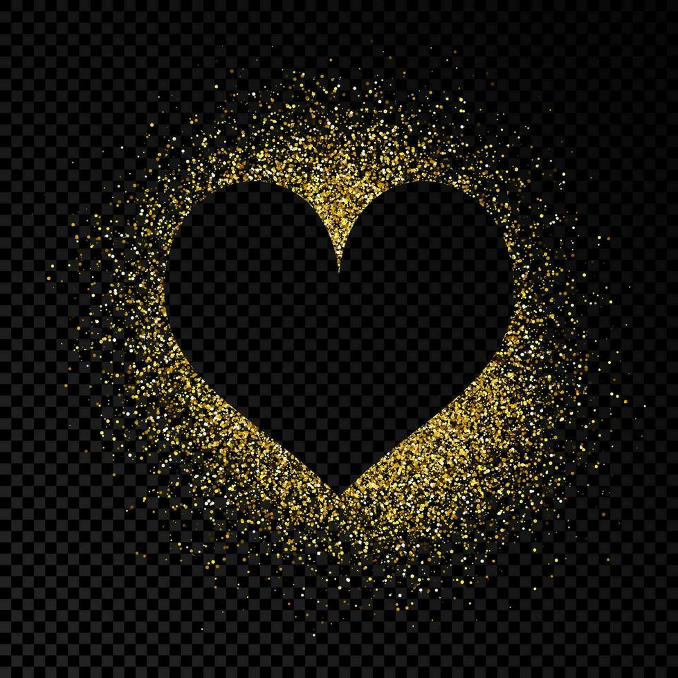 Heart shape frame with golden glitter on dark background. Greeting card with empty dark background. Vector illustration.