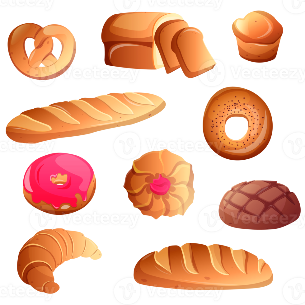 Set of bakery breads and fresh pastries. Cartoon bread illustration, icons. Bakery products, roll baguette, bread loaf and toast, sweet donut, muffin, pretzel  and croissant. png