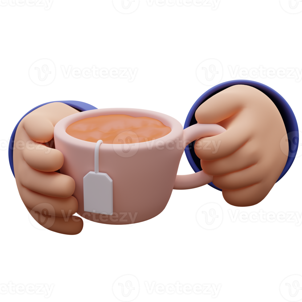 3D render of hands holding a tea mug. Cozy concept png