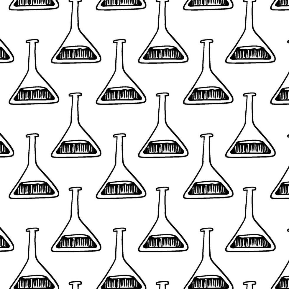 seamless pattern with outline icons - laboratory flasks, measuring cup and test tubes for diagnosis, analysis, scientific experiment. Chemical lab and equipment. Isolated vector texture on white