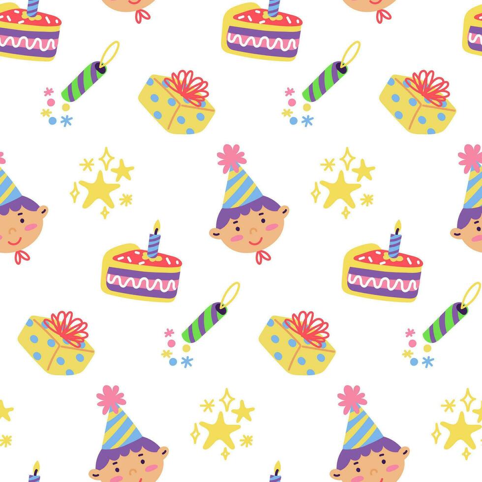 Birthday template portrait of a boy with a festive cone, cake, candle, stars, box, bow, fireworks, confetti on a white background. Children's texture for the holiday vector