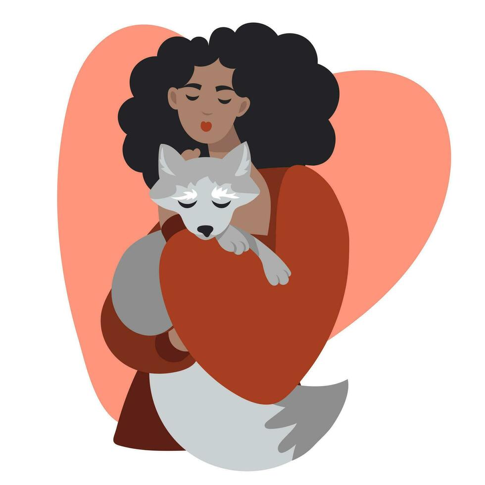 A brunette girl with a white fox in her hands on a white background with a heart. A girl with an animal caring for her neighbor. Animals in the hands of a curly brunette. Portrait of a cartoon girl vector