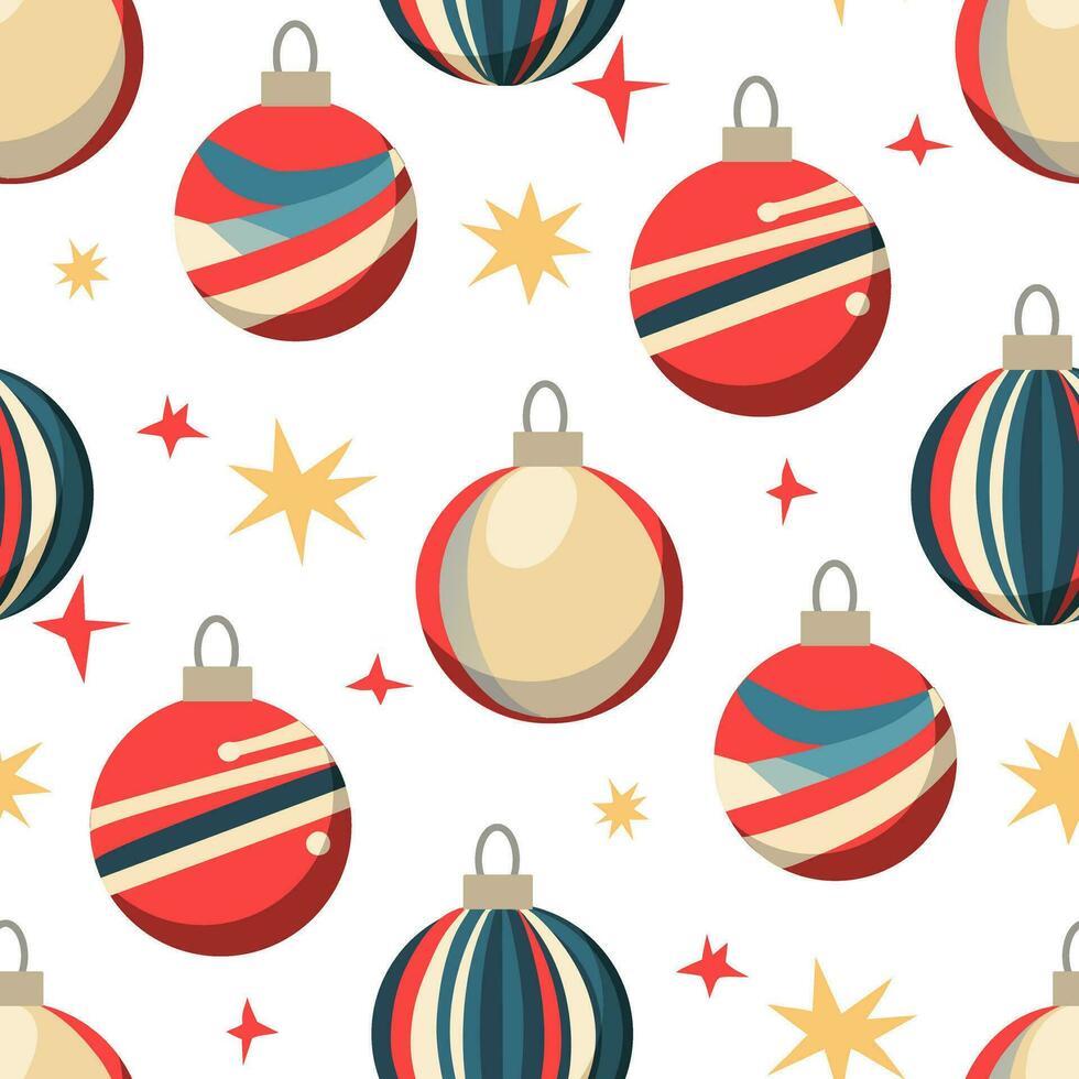 Christmas seamless pattern with round Christmas tree toys and confetti of stars. A bright round figure in blue, red and yellow stripes on a white background. Vector flat illustration