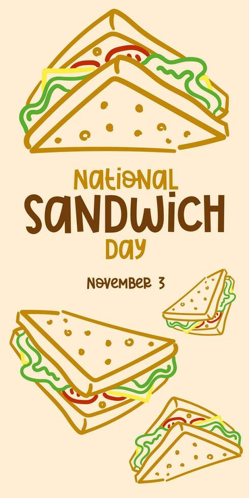 Vector graphics of national sandwich day are good for celebrating with national sandwich Day. Flat linear design. Flyers, postcards, flyers. Flat illustration with text. November 3. Vertical banner