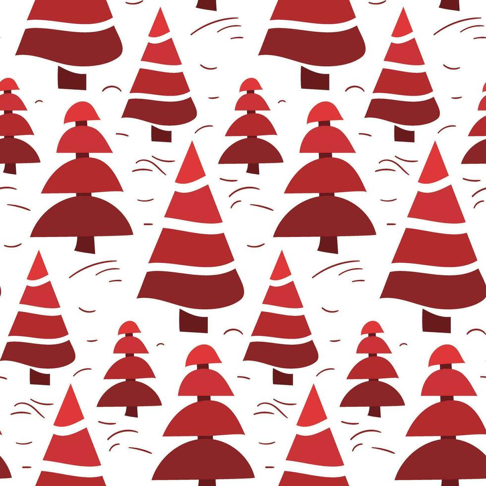 Pattern with pink natural Christmas trees on a white background. Vector Christmas trees grow, seamless background with decorated elements. Ideal for making fabrics, textiles, scrapbooking, wallpaper