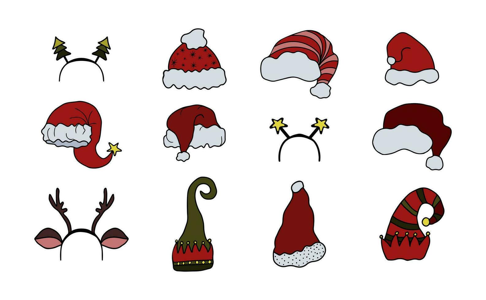 Christmas Hats and Headbands Colorful Doodle Set. Various hand drawn Santa hats, elf hats, toy reindeer horns, cute Christmas tree headbands. Isolated on white background. vector