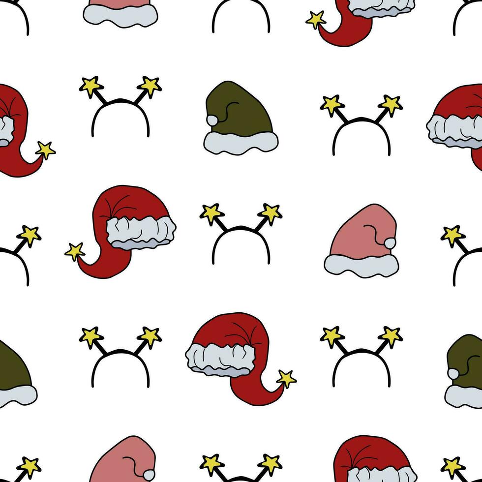 Christmas Hats and Headbands with stars Colorful Doodle Seamless Pattern.Hand Drawn Santa hat, elf hat, cute Christmas headband with stars. Seamless Pattern with Christmas headdresses. vector
