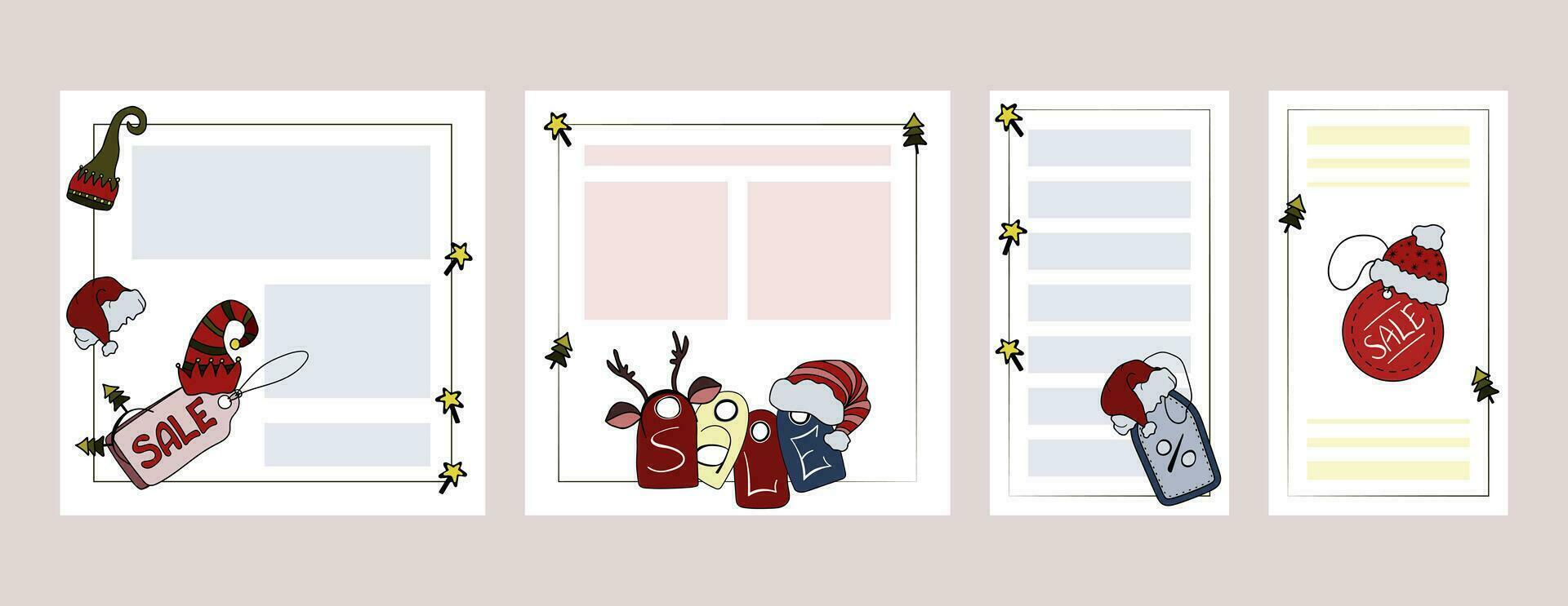Set of Christmas Sales templates for banner posts, stories, invitations, greeting cards with copy space. Cute various price tags with Santa hats, elf hats, toy reindeer horns, Christmas tree headband. vector