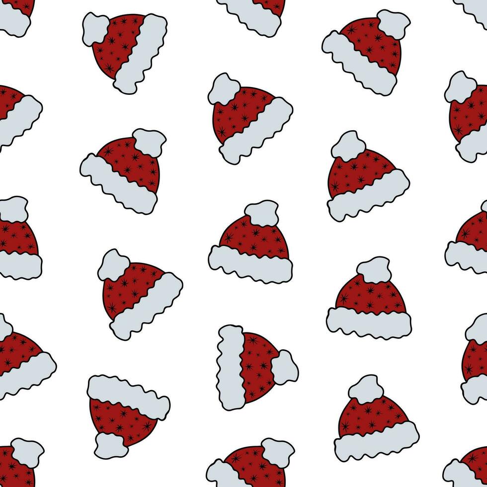 Christmas Hat, elf hat, winter hat Colorful Doodle Seamless Pattern. Hand Drawn Christmas headdresses on white background. vector