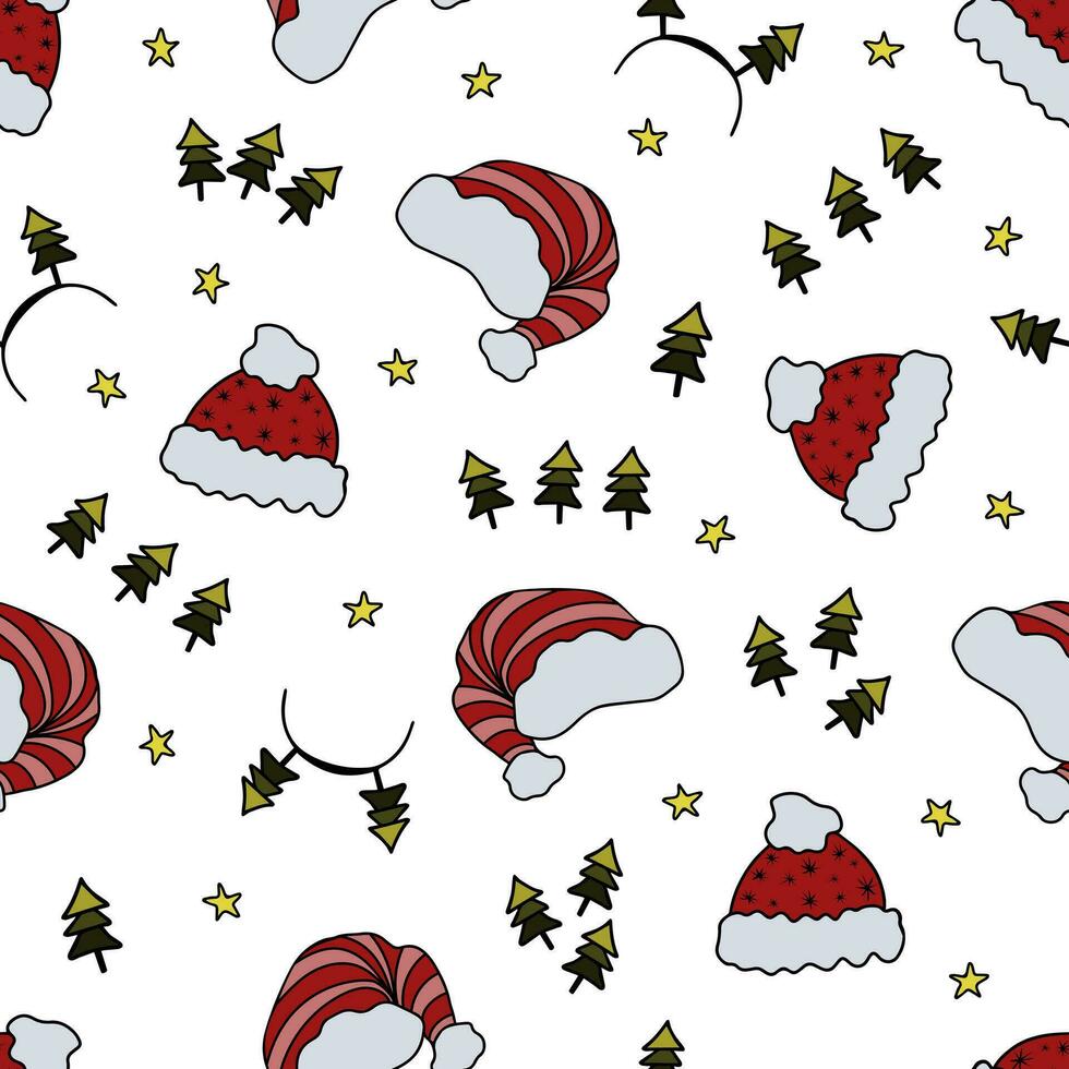 Christmas Hats and Headbands with fir trees Colorful Doodle Seamless Pattern. Seamless Pattern with Christmas headdresses, fir trees and stars on white background. vector