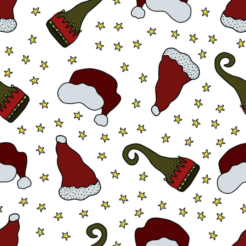 Christmas Hats, elf hat with stars Colorful Doodle Seamless Pattern. Hand Drawn Christmas headdresses on white background. vector