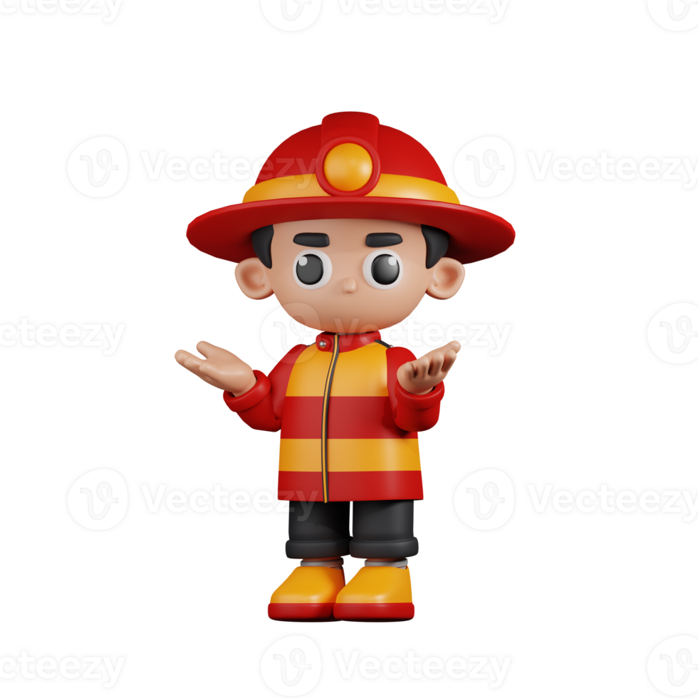 3d Character Firefighter Confused Pose. 3d render isolated on transparent backdrop. png