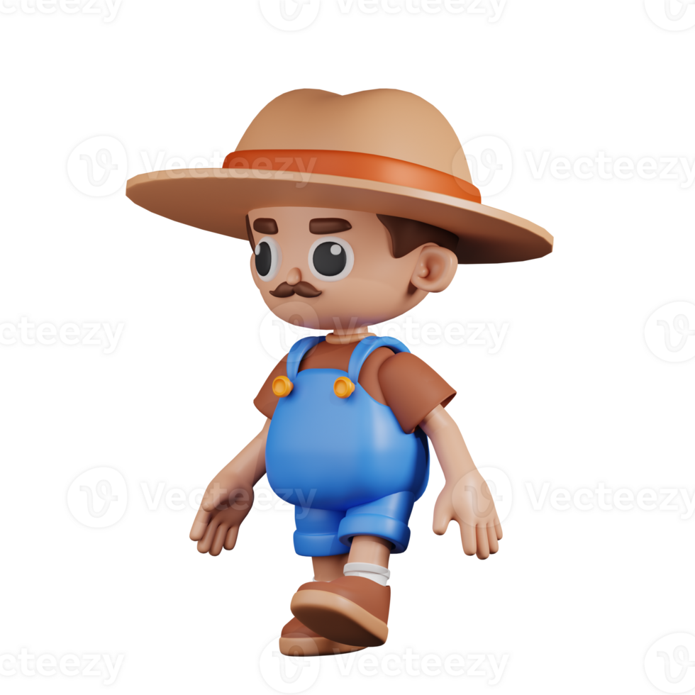 3d Character Farmer Walking Pose. 3d render isolated on transparent backdrop. png