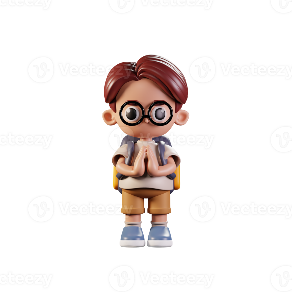 3d Character Student Apologizing Pose. 3d render isolated on transparent backdrop. png