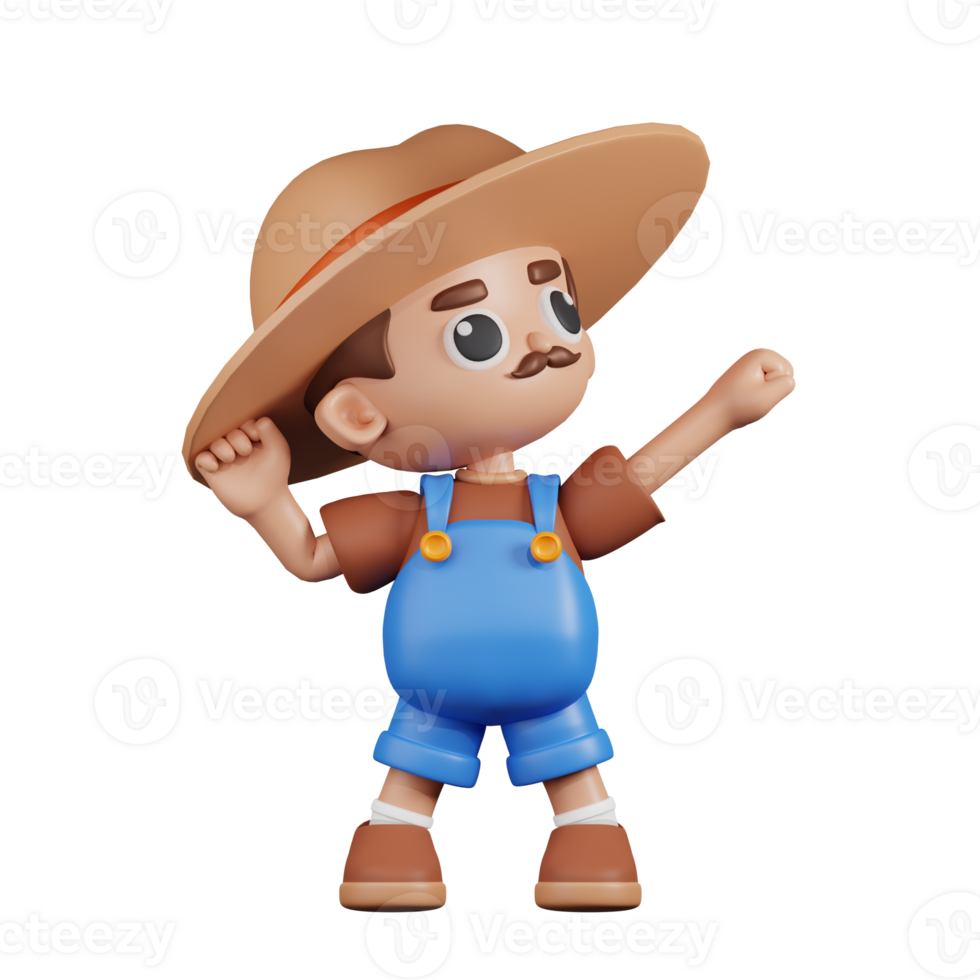 3d Character Farmer Looking Victorious Pose. 3d render isolated on transparent backdrop. png