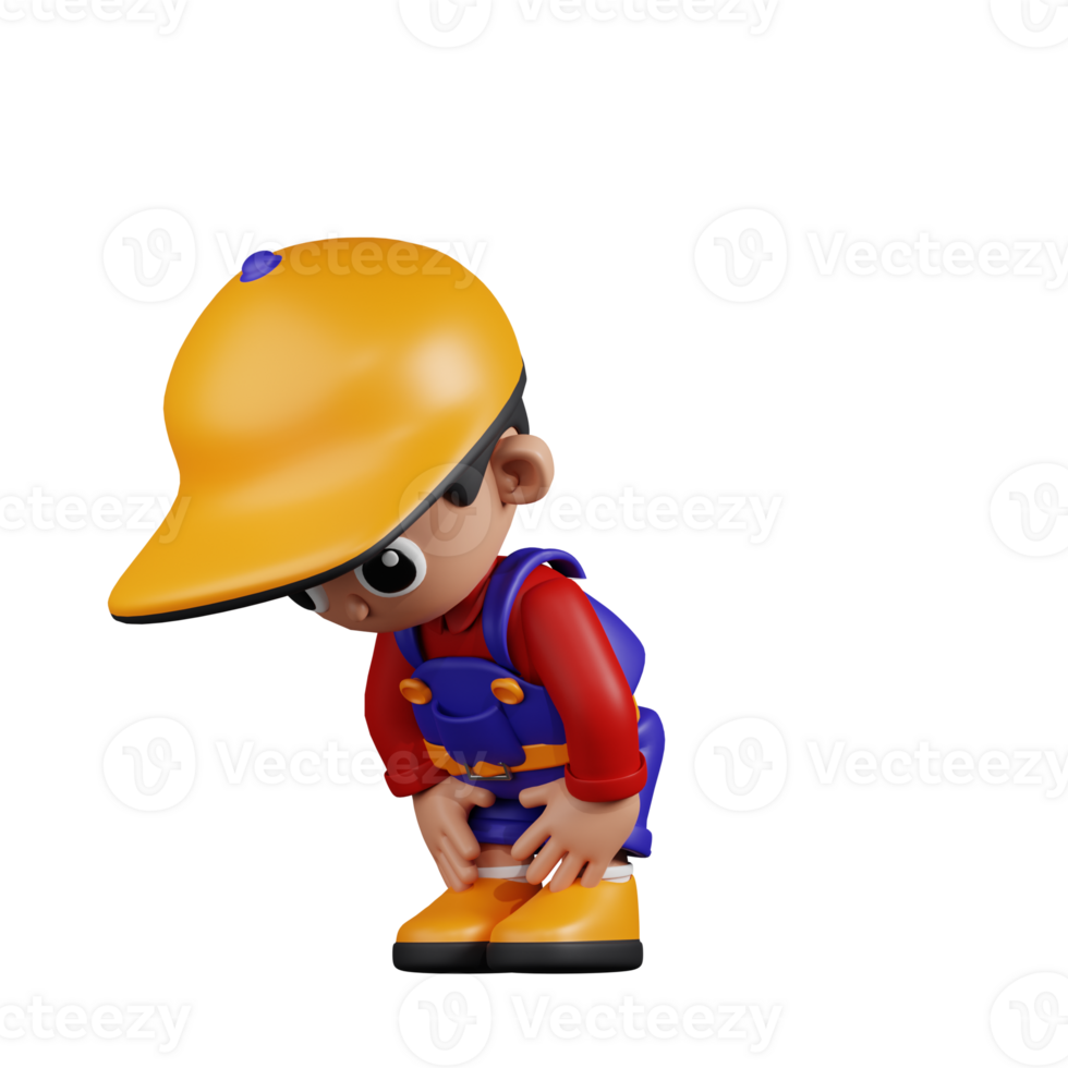 3d Character Mechanic Taking A Break Pose. 3d render isolated on transparent backdrop. png