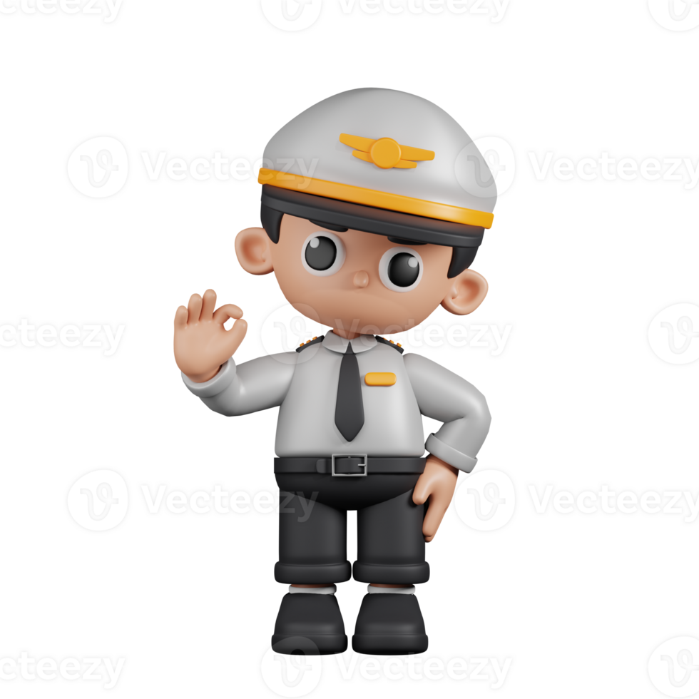 3d Character Pilot Giving Ok Sign Pose. 3d render isolated on transparent backdrop. png