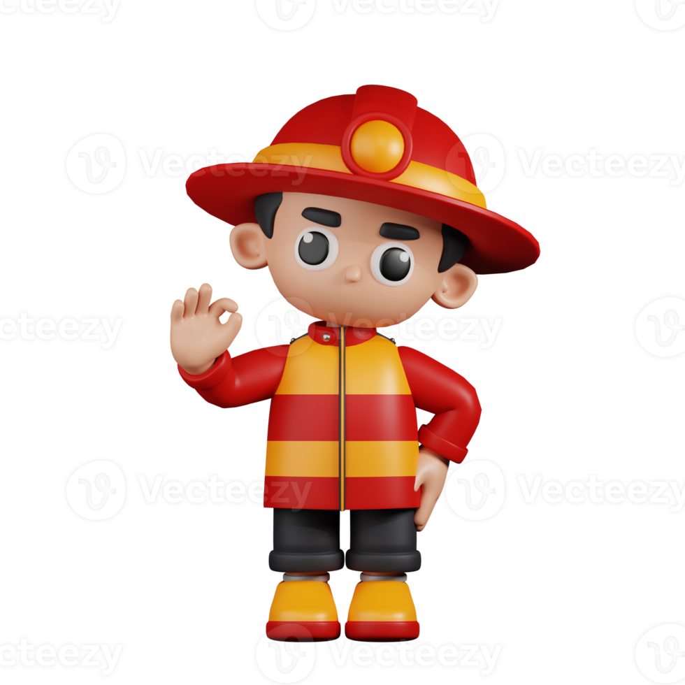 3d Character Firefighter Giving Ok Sign Pose. 3d render isolated on transparent backdrop. png