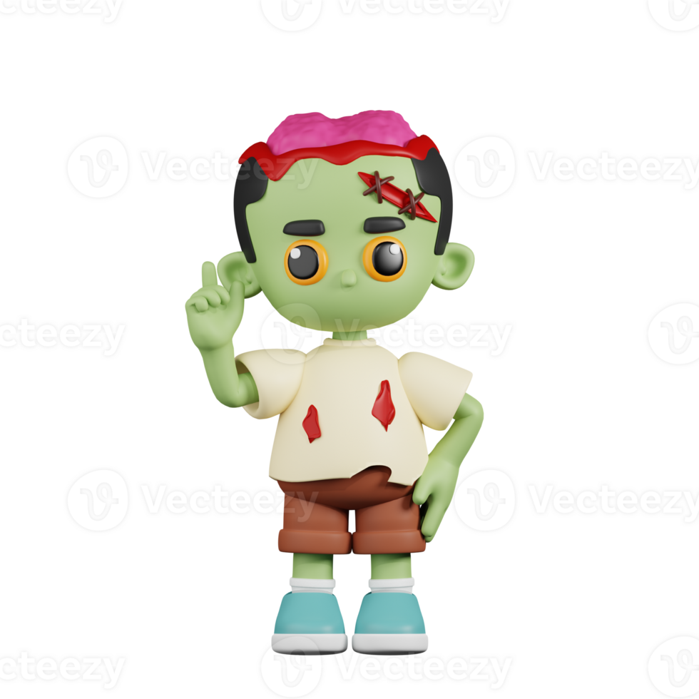 3d Character Zombie Pointing Up Pose. 3d render isolated on transparent backdrop. png