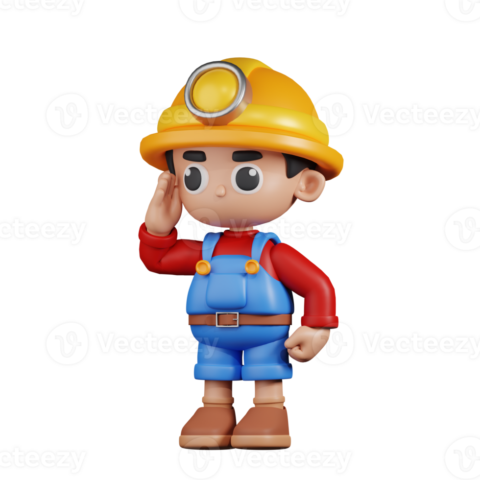 3d Character Miner Giving Salute Pose. 3d render isolated on transparent backdrop. png