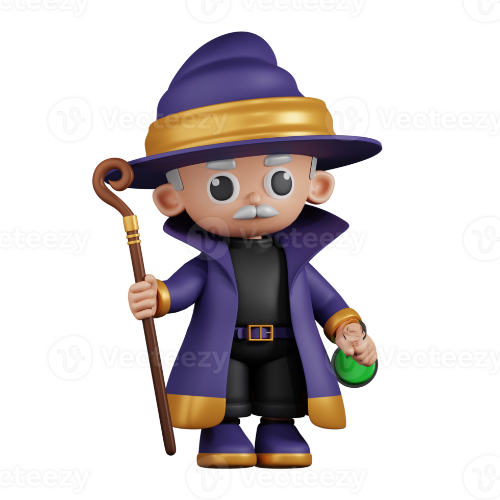 3d Character Wizard Holding His Stick and Potion Pose. 3d render isolated on transparent backdrop. png