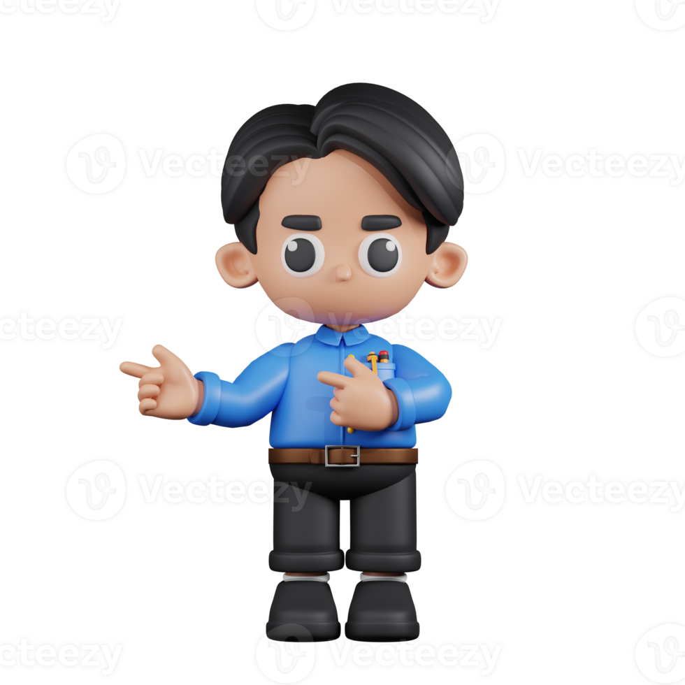 3d Character Teacher Pointing Fingers In Direction Pose. 3d render isolated on transparent backdrop. png