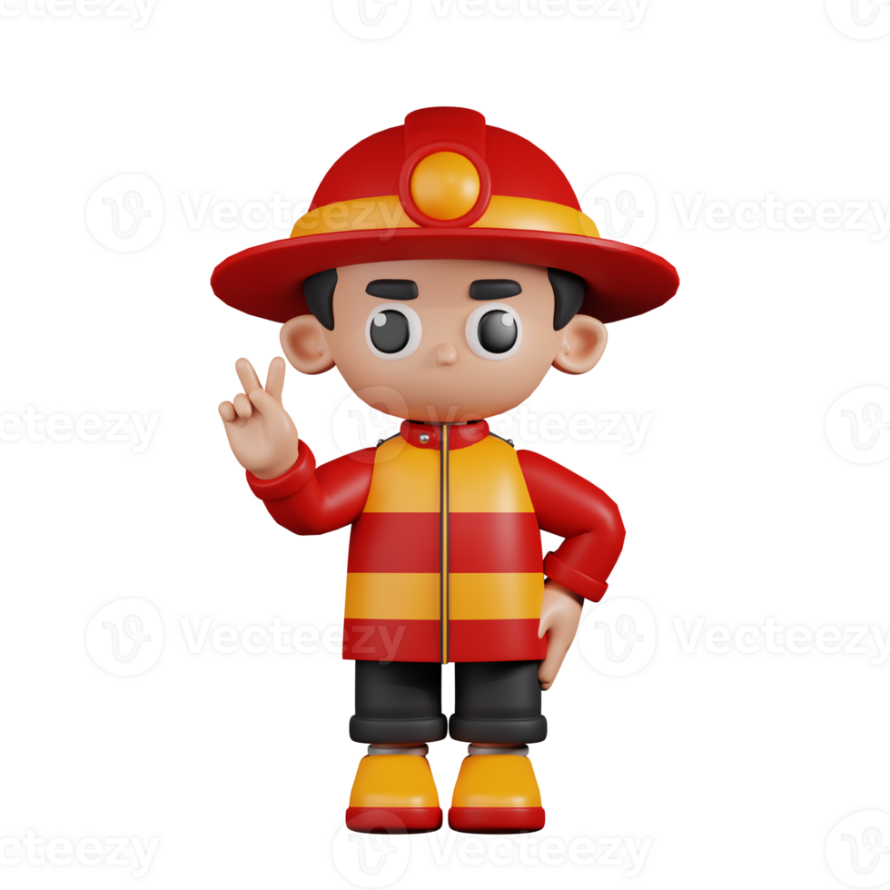 3d Character Firefighter Showing Peace Sign Pose. 3d render isolated on transparent backdrop. png