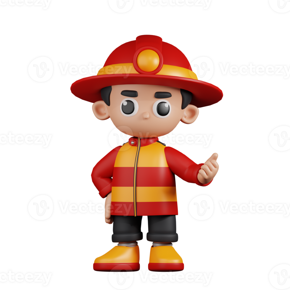 3d Character Firefighter Pointing Next Pose. 3d render isolated on transparent backdrop. png