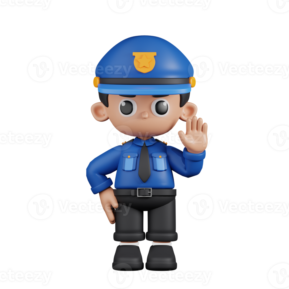 3d Character Policeman Hands Up Pose. 3d render isolated on transparent backdrop. png