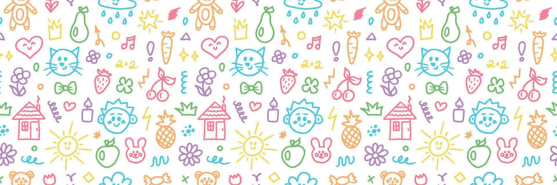 Doodle hand drawn kids seamless pattern. Colorful element of scribble, heart, animal, flower, sun and cloud. Vector illustration