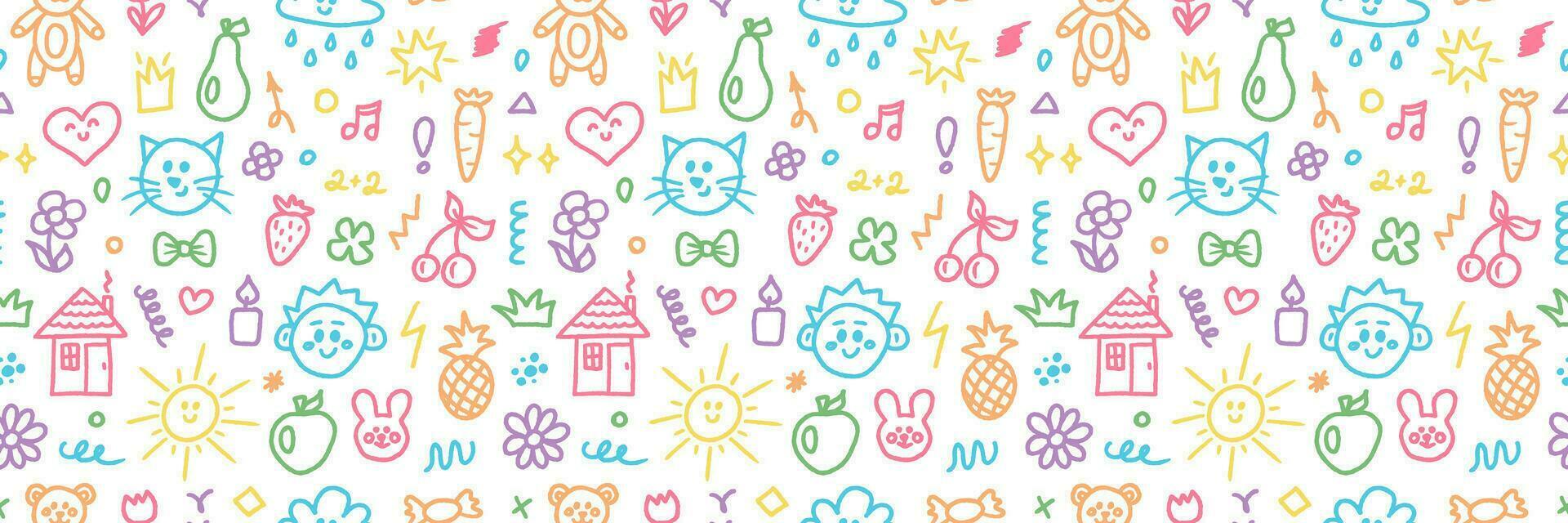 Doodle hand drawn kids seamless pattern. Colorful element of scribble, heart, animal, flower, sun and cloud. Vector illustration