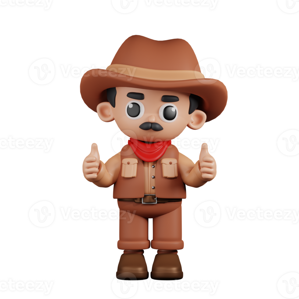 3d Character Cowboy Giving A Thumb Up Pose. 3d render isolated on transparent backdrop. png