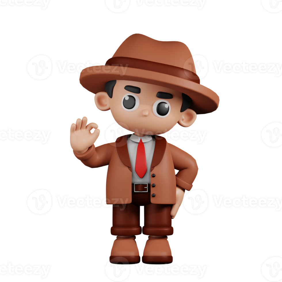 3d Character Detective Giving Ok Sign Pose. 3d render isolated on transparent backdrop. png