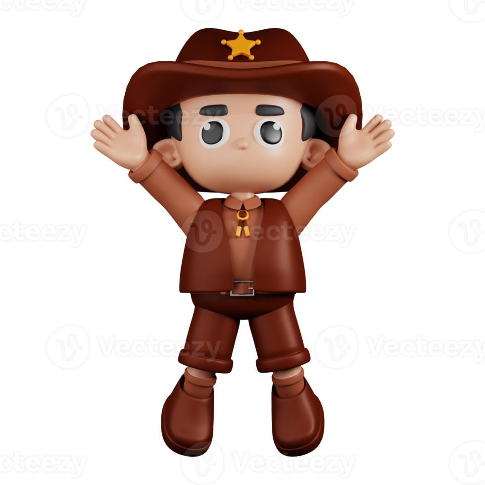 3d Character Sheriff Jumping Celebration Pose. 3d render isolated on transparent backdrop. png