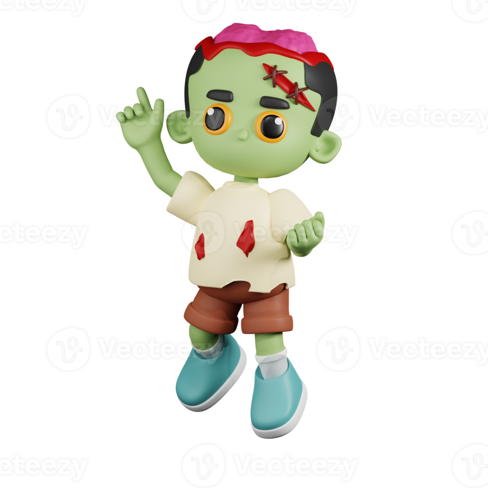 3d Character Zombie Happy Jumping Poses. 3d render isolated on transparent backdrop. png