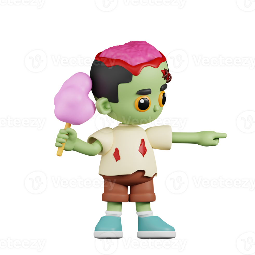 3d Character Zombie Pointing Up while Holding Cotton Candy Pose. 3d render isolated on transparent backdrop. png
