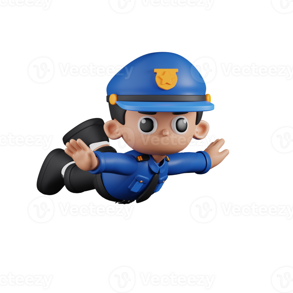 3d Character Policeman Flying Pose. 3d render isolated on transparent backdrop. png